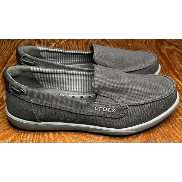 CROCS Shoes Crocs Walu Black Canvas Slip On Loafers Boat Shoes 4391